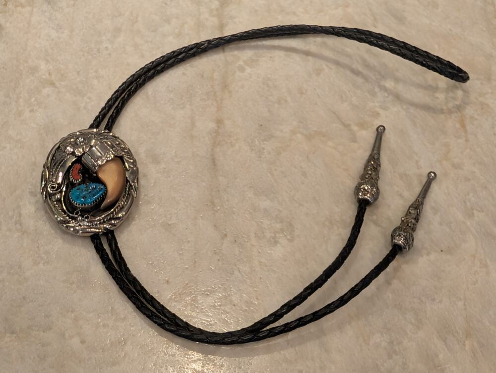 Vintage SSI USA Bear Claw Turquoise Coral Bolo Tie Braided Leather Western